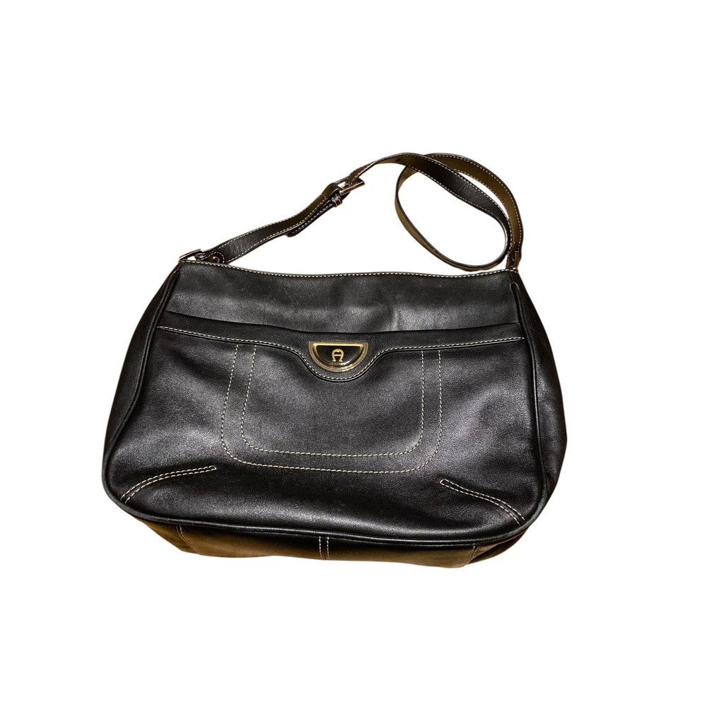 Etienne Aigner Black Leather Crossbody Bag Gold Logo Stitch Detail Hobo